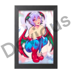 May include: A framed print featuring a colorful anime-style character with purple hair, red wings, and blue pants. The character is in a playful pose, with a mischievous expression. The frame is black.