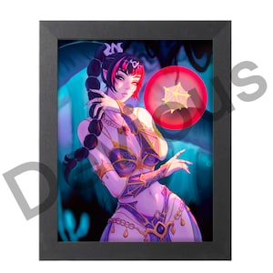 May include: A framed fantasy art print featuring a female character with dark hair and red eyes, adorned in purple and gold attire. A glowing red orb with a geometric shape floats nearby. The artwork is set against a teal and blue background.