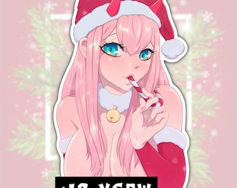 May include: Anime-style illustration of a character in a Santa hat with red horns, a white collar with a gold bell, and red sleeves. The character is holding a candy cane. The image has a pink background with the text "+18 NSFW" in a black rectangle.
