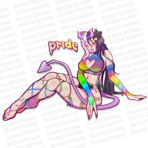 Könnte beinhalten: Bunte Illustration einer Figur mit Teufelshörnern, einem Schwanz und Kleidung in Regenbogenfarben. Das Wort "pride" steht darüber. Die Figur befindet sich in einer entspannten Pose, mit Regenbogenbändern an den Beinen.
