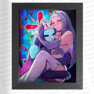 May include: Framed artwork featuring a nun embracing a figure with a mask. The artwork has a stained-glass window background with a cross. The color palette includes purple, blue, and pink hues. The artwork is in a black frame.