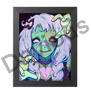 May include: Framed artwork featuring a zombie girl with green skin, stitches, and a heart-shaped tear. Her hair is light blue, and she has a bow with a bone detail. The artwork is in a black frame.