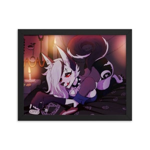 May include: Framed artwork featuring a stylized anthropomorphic wolf character with white and black fur, red eyes, and a black choker. The character is in a suggestive pose on a bed with a dark pattern. The artwork has a dark, gothic aesthetic.