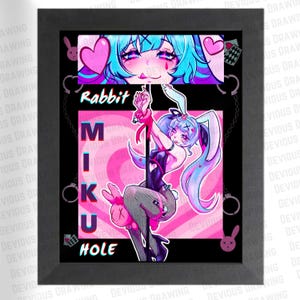 May include: Framed artwork featuring a stylized anime-inspired illustration. The image showcases a character with blue hair and bunny ears, holding a pole. The text "Rabbit Miku Hole" is prominently displayed. The artwork is set against a black background with pink accents.