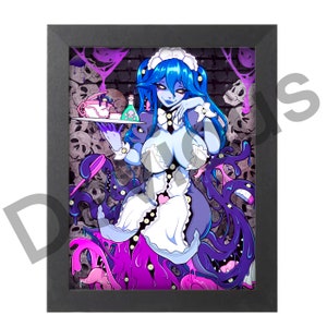 May include: Framed artwork featuring a blue-skinned character in a maid outfit, holding a tray with a teacup and a poison bottle. The background is a skull-filled wall with purple tentacles and accents. The artwork has a dark, gothic theme.