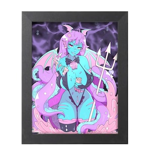 May include: Framed art print featuring a teal and pink anime-style character with horns, wings, and tentacles. The character holds a trident and money, set against a purple and pink background. The artwork is in a black frame.