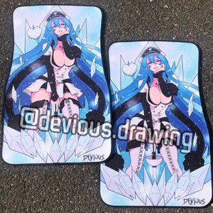 May include: Two car floor mats featuring a blue-haired anime character in a white and black outfit, set against a light blue and white icy background. The mats have the text "@devious.drawing" and "DEVIOUS" printed on them.