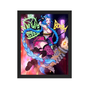May include: Framed art print featuring a vibrant illustration of a character with blue hair and tattoos, wearing pink and purple attire. The artwork includes the word "BOOM" and neon green accents, set against a dark background.