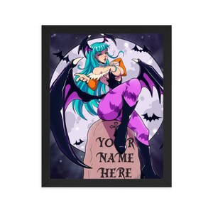 May include: Framed artwork featuring a stylized illustration of a female character with teal hair, bat wings, and purple leggings. The character is seated on a tombstone with the text "YOUR NAME HERE" against a backdrop of a full moon and bats.
