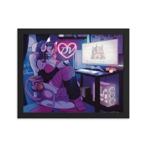 May include: Framed art print featuring a purple-toned anime-style illustration of a person gaming. The person is seated in a gaming chair, wearing headphones and holding a controller. A computer monitor displays a loading screen. A neon heart with the letters "DV" is visible.