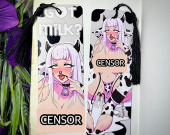 Op de afbeelding: Twee bladwijzers in anime-stijl met zwarte kwastjes. Eén bladwijzer toont een personage met een koeienthema met de tekst "GOT MILK?". De andere bladwijzer toont een vergelijkbaar personage met een melkfles. Beide hebben een "CENSOR"-label.