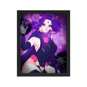 May include: Framed artwork featuring a stylized illustration of a character with purple hair and a dark costume. The artwork has a purple and pink background with a black frame. The character has gold earrings and is holding two dark orbs.