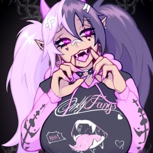 May include: Anime-style illustration of a character with split purple and white hair, wearing a black top with "Only Fangs" text and a fang graphic. The character has horns, fangs, and a pink hoodie. The image has a dark, gothic aesthetic.
