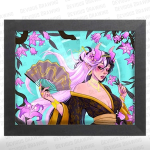 May include: Framed artwork featuring a fantasy character with long, flowing hair, horns, and a kimono. The illustration includes a fan with a gold design, pink flowers, and a snake. The background is a light blue color.