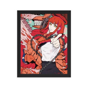 May include: Framed art print featuring a vibrant anime-style illustration. The artwork depicts a character with red hair and yellow eyes, pointing towards the viewer. A heart-shaped chain and a chainsaw-like element are prominent. The color palette includes red, orange, white, and black.