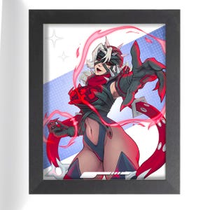 May include: Framed artwork featuring a stylized illustration of a character in a dark bodysuit with red accents. The character has white hair, a mask, and is surrounded by red energy. The background is a mix of blue and white.