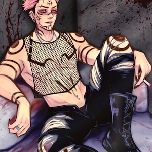 May include: An anime-style illustration of a person with pink hair, tattoos, and a black mesh top. They are wearing ripped black pants and black boots. The background is a dark gray with red splatters.