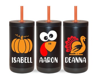 Thanksgiving Kids Tumblers Autumn Fall Turkey Dinner Personalized Holiday Cup Drinks Party Gift