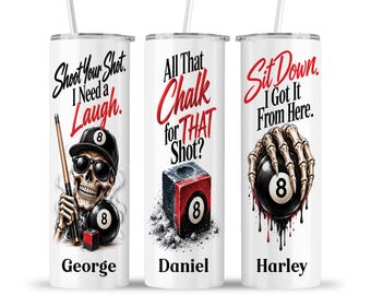 Pool Billiards Tumbler: Funny 8 Ball Death Skeleton Hustler Travel Tournament Cup