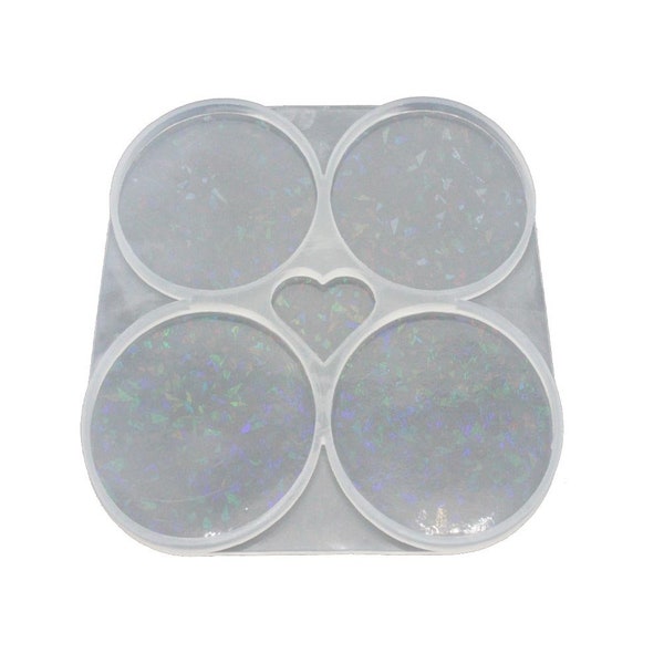 Silicone Holographic Round Coaster Molds - Holographic Crushed Diamond Design - 4 Cavity Mold