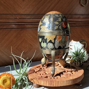 Brass  and black enamel egg trinket box on brass stand  Vintage India