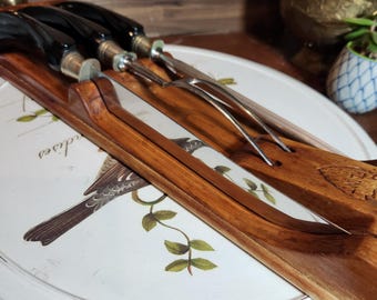 Flint carving set  black bakelite handles  vanadium steel  in original wood holder  carving knife fork sharpener