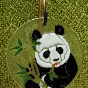 Panda art glass suncatcher  ornament  hanging disc  vintage  hand made Signed by artist