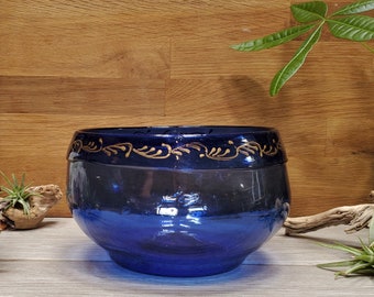 Cobalt blue Damascus glass bowl with hand painted gold vine fret   Vintage Syria