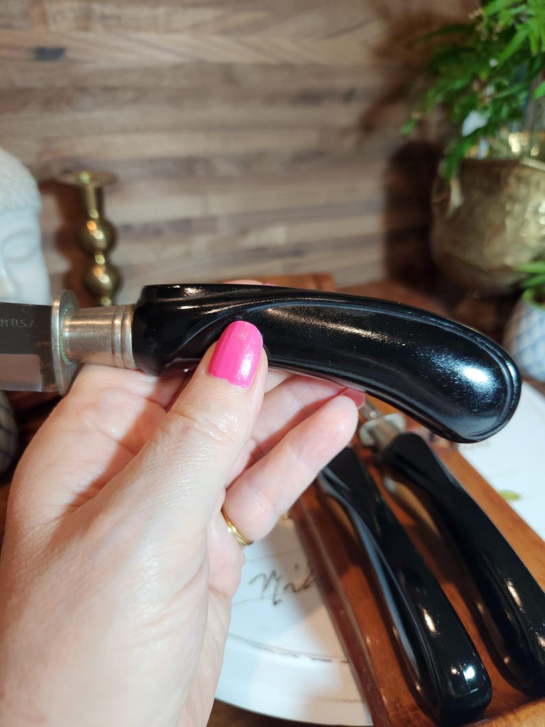 May include: A set of black-handled knives with silver bolsters, presented on a wooden board. The handles have a glossy finish. The knives are likely for a dining setting.