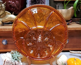 Amber Indiana Glass Co h'ors d'oever plate  deviled egg plate Vintage serving piece