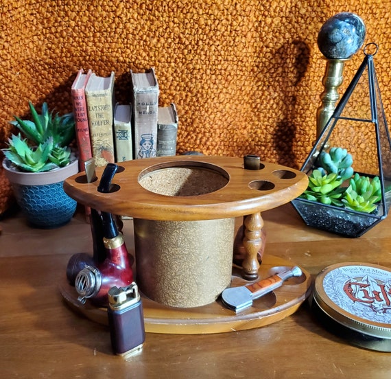 Vintage Pipe Rack Fairfax Holds 6 Pipes and Tobacco Jar Maple Heartwood  With Cork