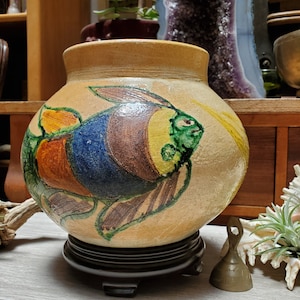 Art pottery vase  hand thrown hand painted fishes