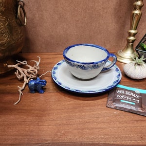 Ken Edwards Tonala Mexican art pottery cup and saucer  blue and grey