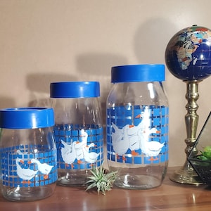 Geese glass canisters  Carlton Glass canisters with lids  Blue  USA Vintage