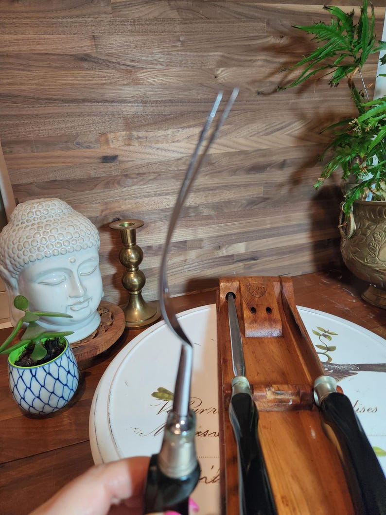 May include: A stainless steel fork with a curved design, held in front of a wooden knife block with two knives. The fork has a black handle. A white Buddha statue and a small potted plant are in the background.