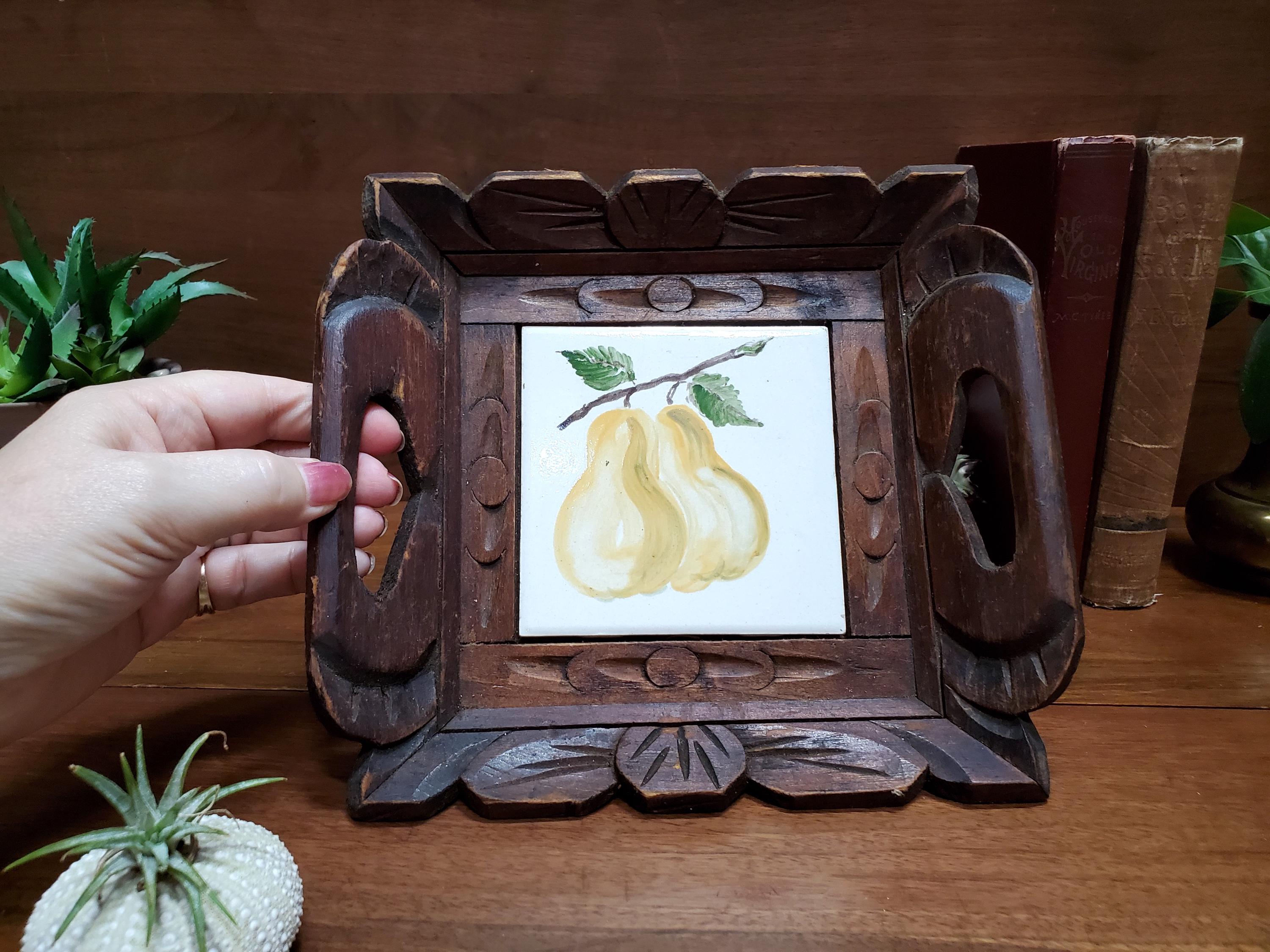 Mexican hand carved wood tray and tile   Pears