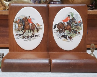 Vintage wooden bookends walnut with ceramic insets of English hunt   1934