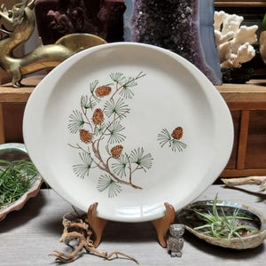 May include: A white ceramic serving platter with a pine cone and branch design. The illustration features brown pine cones, green needles, and brown branches. The platter has a rounded shape with two small handles on either side.