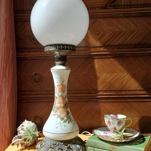 Lamp milk glass table lamp  1940s hand painted glass lamp