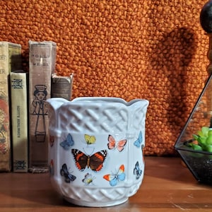 May include: A white ceramic planter with a diamond pattern and butterfly illustrations in various colors. The planter is on a wooden surface, with vintage books and a geometric terrarium in the background.