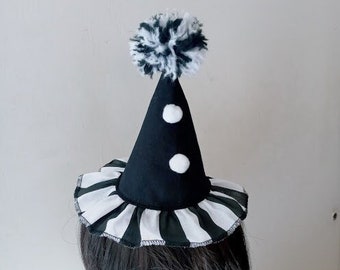 Black  With Striped black /white ruffle Mini Clown Hat with pom poms, Clown Hat With Headband, Clown Headwear, Circus Clown Hat, Clown Core