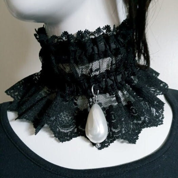 Choker/Collar Victorian Style Sheer Black lace W/White Bead, Sheer Black Vintage Lace Detachable Collar, Cosplay Collar, Punk Lace Choker