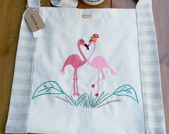 Tote W/Handmade Embroidery Flamingos,Crossbody,Everyday Bag,Errands Bag,Beach Bag,Reusable Bag,Washable Bag,Canvas Bag,Eco friendly,Book Bag