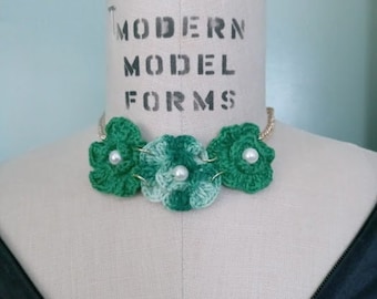 Handmade Crochet Green Flowers Choker, Delicate Necklace,Trendy Jewelry, Adjustable, Retro, Boho