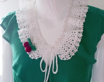 Handmade Crochet Detachable Collar with cherry brooch, Victorian Collar, Cottagecore Collar,Boho Collar, Removable Collar,Adjustable collar