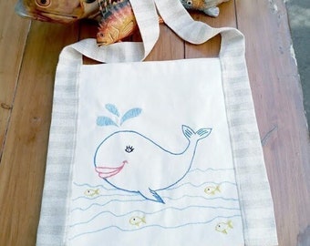 Handmade Embroidered Canvas Tote Bag, Whale Design, Reusable Market Bag