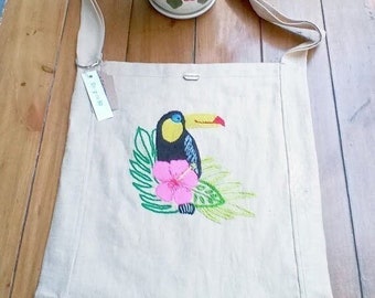 Linen Tote Bag with Handmade Embroidered Toucan