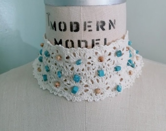 Beige Vintage Beaded Lace  Choker, Lace Choker, Beaded lace Choker, Boho Choker, Wide Beige Lace Choker, Lace Jewelry, Trendy Jewelry