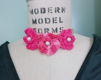 Handmade Crochet Hot Pink Flowers Choker, Delicate Necklace, Boho, Retro, Cosplay, Trendy Jewelry