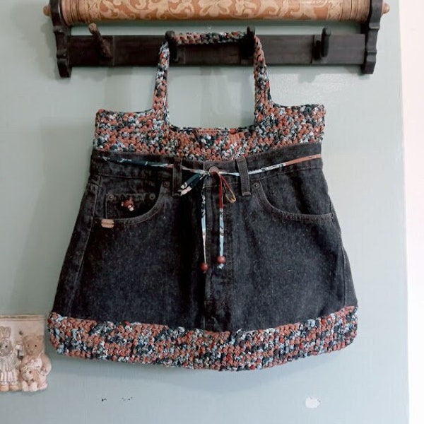 Upcycled Denim Bag, Handmade Crochet Bag, Boho Bag , Recycled Denim Bag, Everyday Bag, Shoulder Bag, Tote Bag, Errands Bag